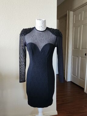 Betsy&Adam Vintage 80's Y2K Black Lace Illusion Vampy Bodycon Dress Size 11/12